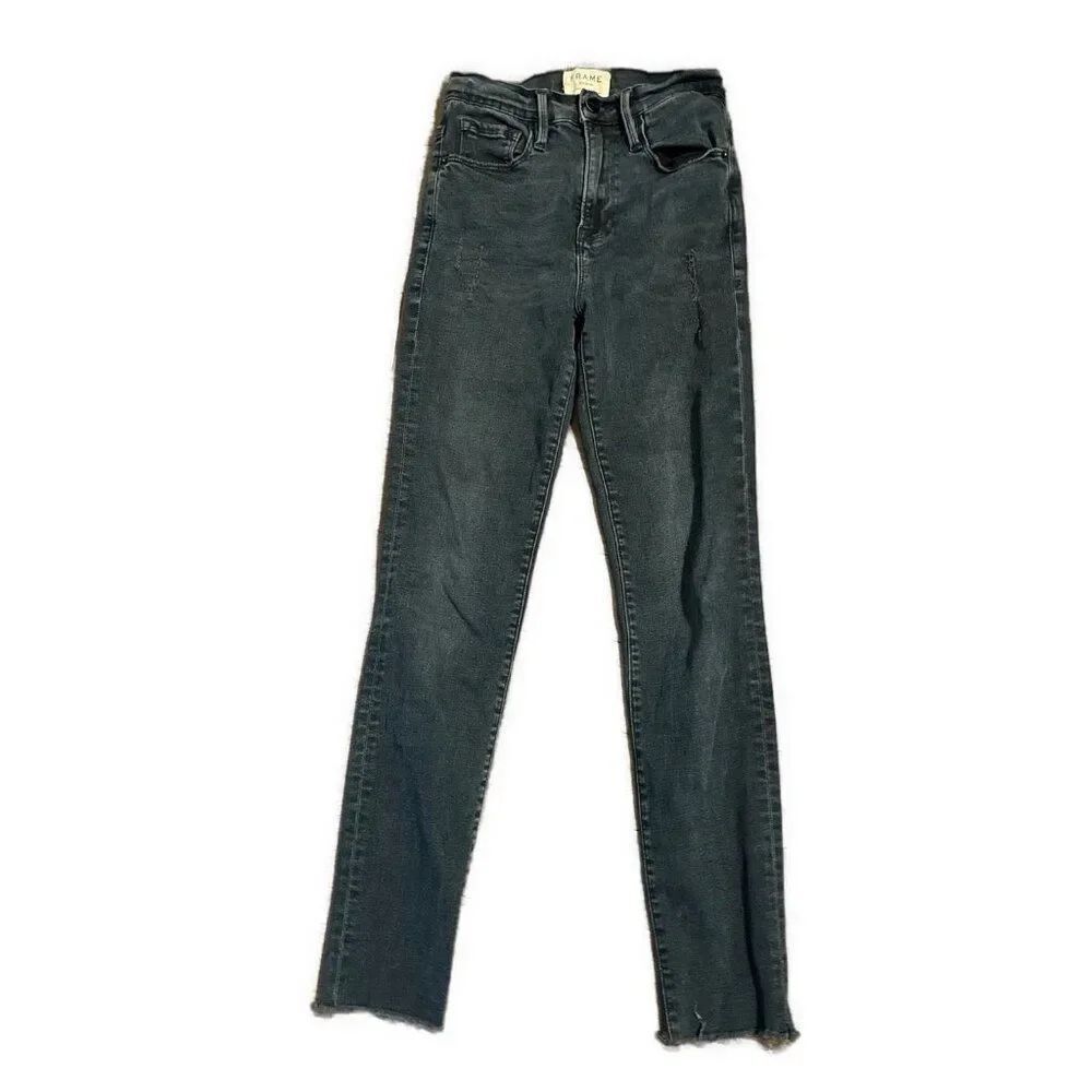 frame headworth womens high rise dark blue skinny jeans distressed 24